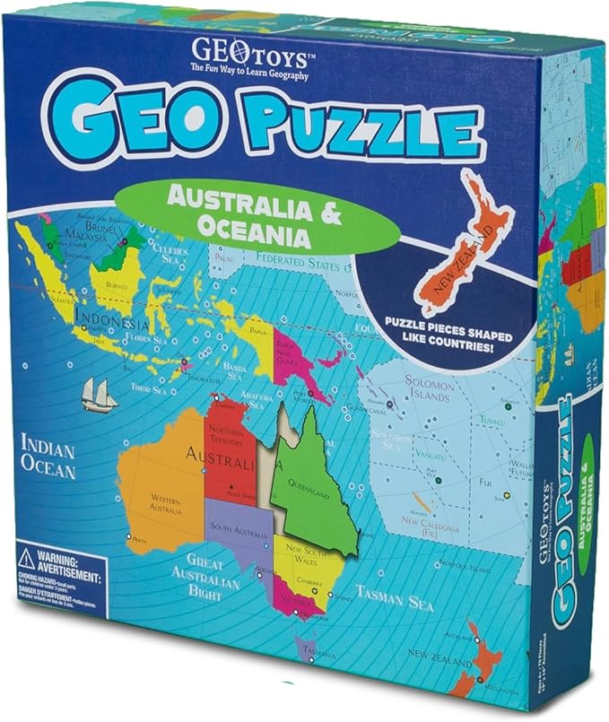 GeoToys GeoPuzzle, Australia & Oceania Jigsaw Puzzles, 50 Pc Geography Game & Map Puzzle, Educational Games & Kids Learning Activities, Puzzle Gifts for Children Ages 6-9, Fun Learning Toys for Kids