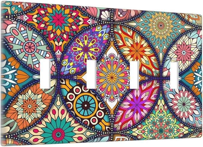 Boho Floral Pretty Colorful Mandala Flowers Light Switch Covers Quad Toggle Electrical Faceplate 4 Gang Wall Plate Decorative Switch Plates for Bedroom Living Room Decor