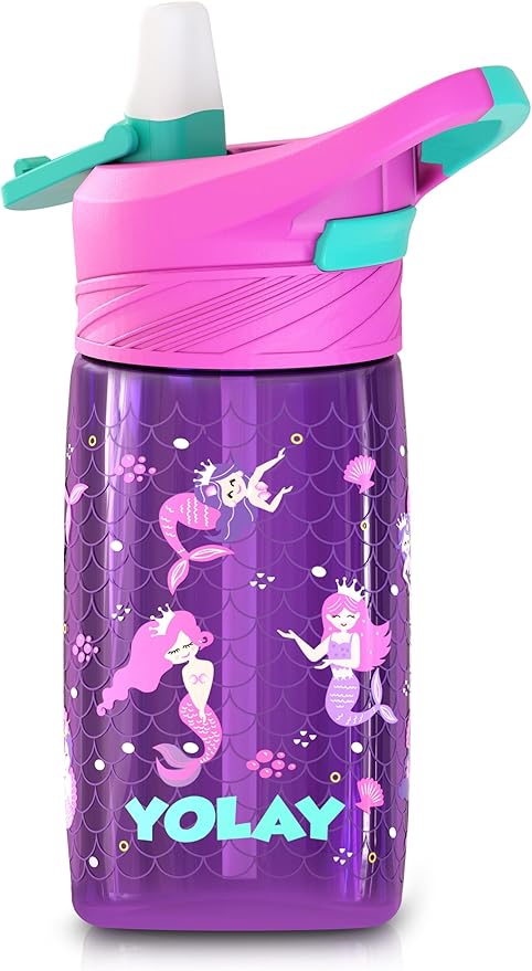 YOLAY 15oz Kids Water Bottle For School Boys and Girls, Durable Toddler Water Bottle with Straw Lid Leak-Proof, Spill Proof, Easy Clean and Dishwasher Safe with Re-Usable and BPA Free - Mermaid