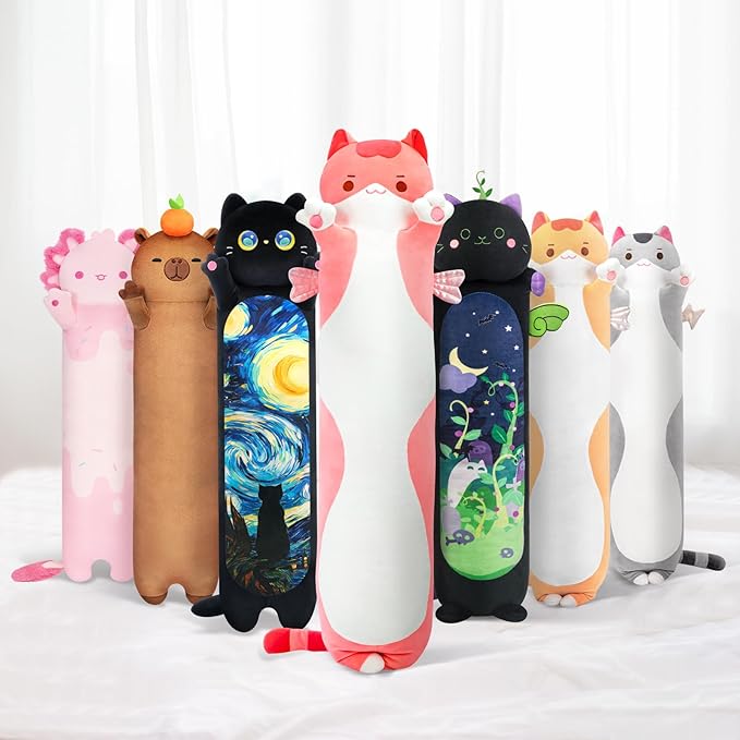 Mewaii Long Cat Plush 5 Sizes, 120% Extra Filling Giant Plushness Kids Body Pillow, Kawaii Cute Pink Cat Stuffed Animals Plushies, Big Long Body Pillow Cat Plush Gift for Girls 53”