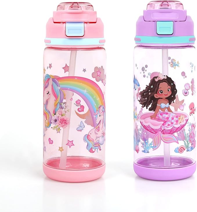 decalsweet Kids Water Bottle 20oz Durable Leak-Proof Plastic Water Cup for Kids Toddlers,With Straw Handle and Pop-Up Spout Cover,Safe for School Sports Daycare Travel & Camp Pack of 2