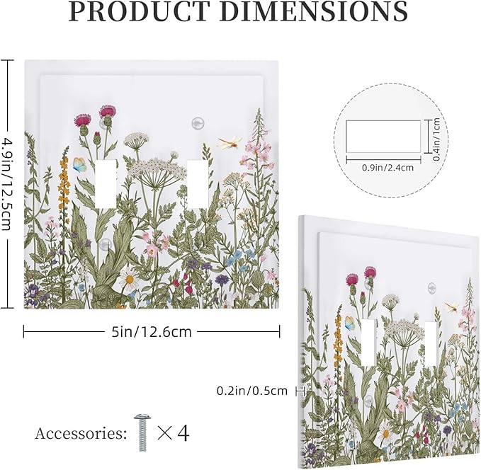 Rustic Wild Floral Vintage Teal Botanical 2 Gang Double Toggle Light Switch Cover Decorative Electrical Switchplate Faceplate for Kitchen Bedroom Bathroom Standard Size