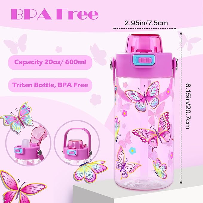 Queenshin Girls Butterfly Water Bottle for School 20oz BPA-Free Tritan Outdoor Kids Sports Water Cup Leak Proof with Straw Lid Handle Pop-Up Spout Cover