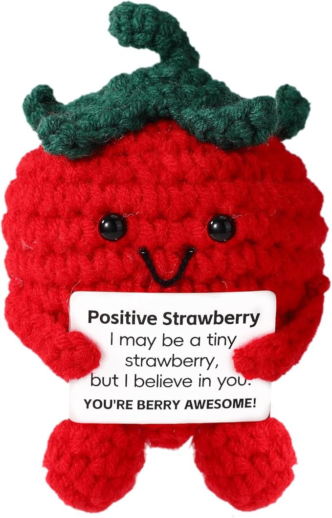 TOYMIS Cute Positive Strawberry, Crochet Strawberry Emotional Doll Support Fruit Knitted for Empowering Gift Home Office Decoration (Red)