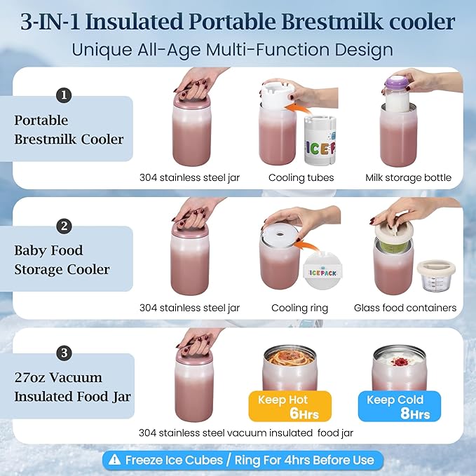 3-in-1 Breast Milk Cooler for 24H 360° Cooling, 11oz Breastmilk Chiller with Bottle & 8oz Baby Food Containers & 27oz Insulated Food Jar, Fits from Baby to Adult for Outdoor, Work & Travel - Berry