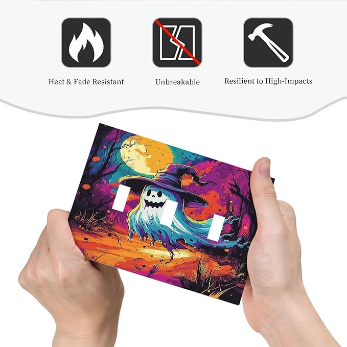 Decorative Switch Plates Ghost Colorful Forest Moon Dead Tree 3 Gang Wall Plate Triple Toggle Light Switch Cover Faceplate Electrical Wall Panels For Nursery Kids Room Decor