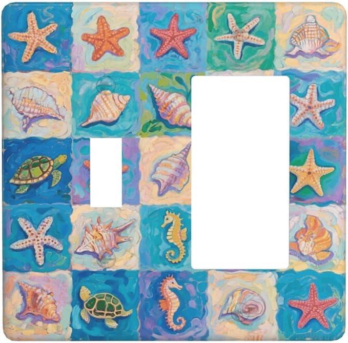 Sea Turtle Starfish Ocean Single Toggle Rocker Combination Wall Plate Decorative 2 Gang Light Switch Covers Electrical Switchplate Home Decorate Faceplat for Bathroom Bedroom Kitchen Room
