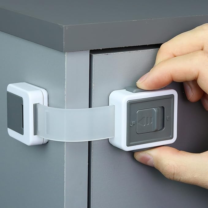 Child Safety Locks (4-Pack) - Baby Proof Cabinets, Drawers, Toilets & Appliances- Adjustable Strap Length, Double Lock Option - Easy Latch for Adults to Open