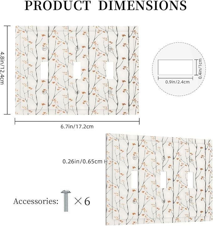 Boho Floral Watercolor Tree Branch Flower Minimalist Decorative Switch Plates 3 Gang Wall Plate Triple Toggle Light Switch Cover Faceplate Electrical Wall Panels for Bedroom Living Room Decor