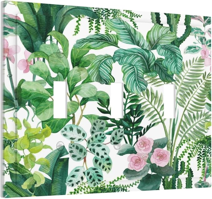 Tropical Palm Leaves Green Jungle Botanical Floral Flowers Decorative Switch Plates 3 Gang Wall Plate Triple Toggle Light Switch Cover Faceplate Electrical Wall Panels for Bedroom Living Room Decor