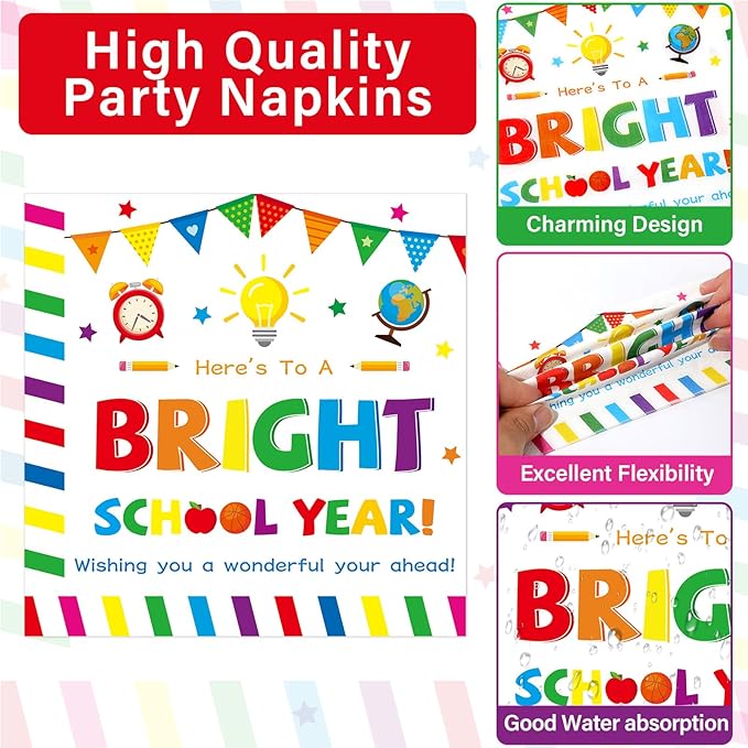 100PCS Back To School Decorations School Season Supplies Paper Plates Napkins Disposable White Bottom Colorful Pattern Tableware Dinnerware for Student Birthday Picnic First Day of School Serves 25