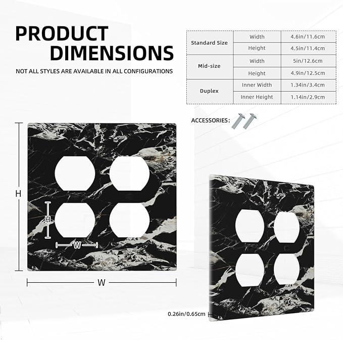 Black Marble Patterns Low Key Luxurious Outlet Covers 2 Gang Double Duplex Decorative Light Switch Covers Electrical Wallplates Socket Faceplate for Bathroom Kitchen Decor