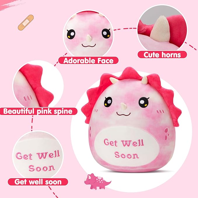 WEWILL 12'' Get Well Soon Dinosaur Soft Plush Pillow, Pink Triceratops Stuffed Animal Toy Gifts for Toddler Kids Boys Girls