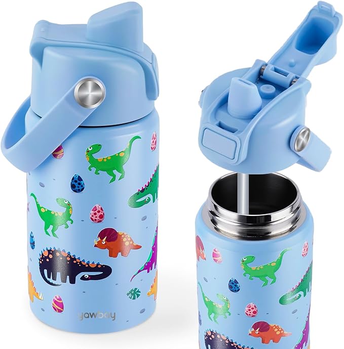 Kids Water Bottle for School 12 oz,Stainless Steel Insulated Water Bottles,Dinosaur Water Bottle for Toddler Boys Girls with Pop-Up Straw-Cap(Dino)