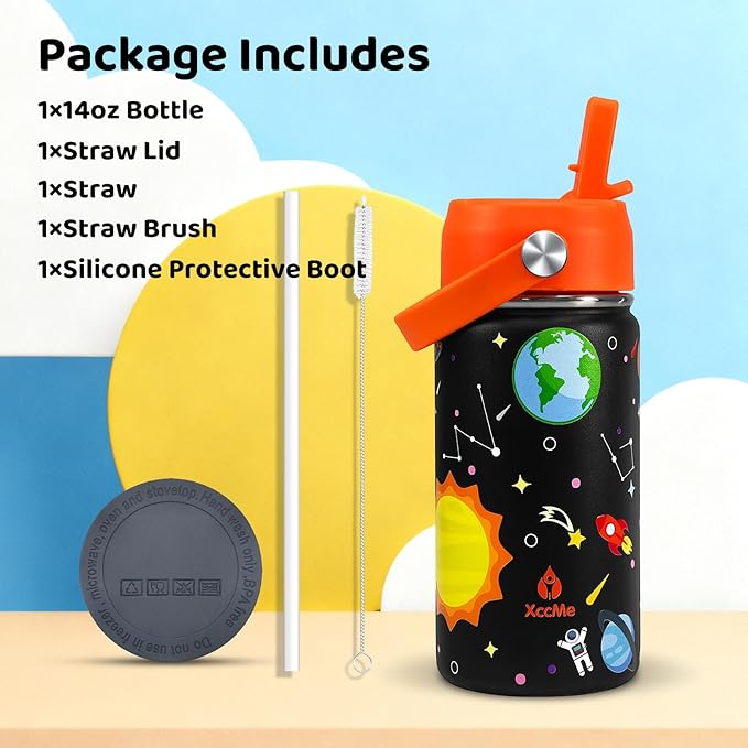 Kids Water Bottle With Straw Lid,14 oz Stainless Steel Travel Bottle,Double Wall Leak Proof Kids Cup,Insulated Tumbler for Toddlers,Metal Bottle for School Boys Girls (Space)