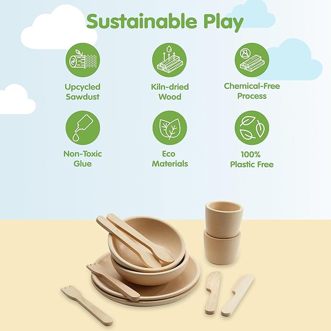 PlanToys® Pretend Play Wooden Tableware Set for Kids | 16-Piece Montessori Kitchen Toy Set with Plates, Cups, Bowls & Utensils | Eco-Friendly, Non-Toxic Toy for Toddlers & Preschoolers