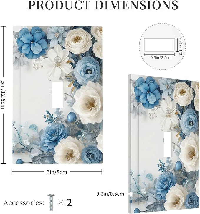 Decorative Light Switch Cover Blue Rose White Flowers Rustic Floral 1 Gang Wall Plate Oversized Single Toggle Wall Cover Jumbo Electrical Switchplate Face