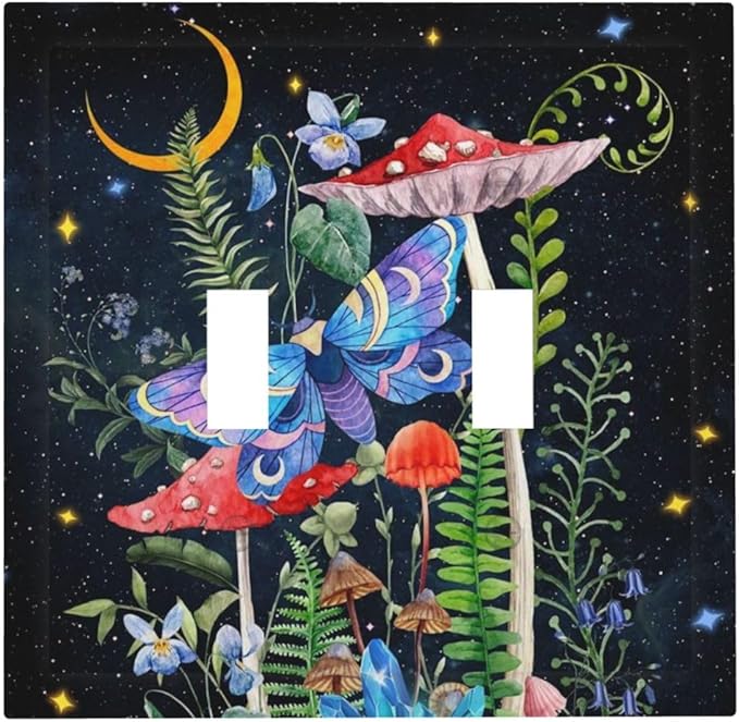 Black Boho Witchy Hippie Mushroom Moth Snail Decorative 2-Gang Decorator Outlet Light Switch Wall Plate Cover Double Toggle Size Starry Gothic Bohemian Moon Night Stars Electrical Receptacle Faceplate