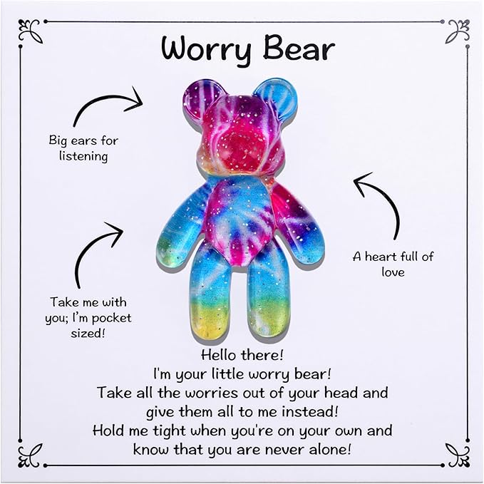 Aesnefe Worry Bear, Pocket Bear Hug, Anxiety Relief Gifts for Men Women, Mental Health Positivity Gift, Stress Relief Gift for Her, Comforting Gifts for Son Daughter Back to School, Rainbow Gradient