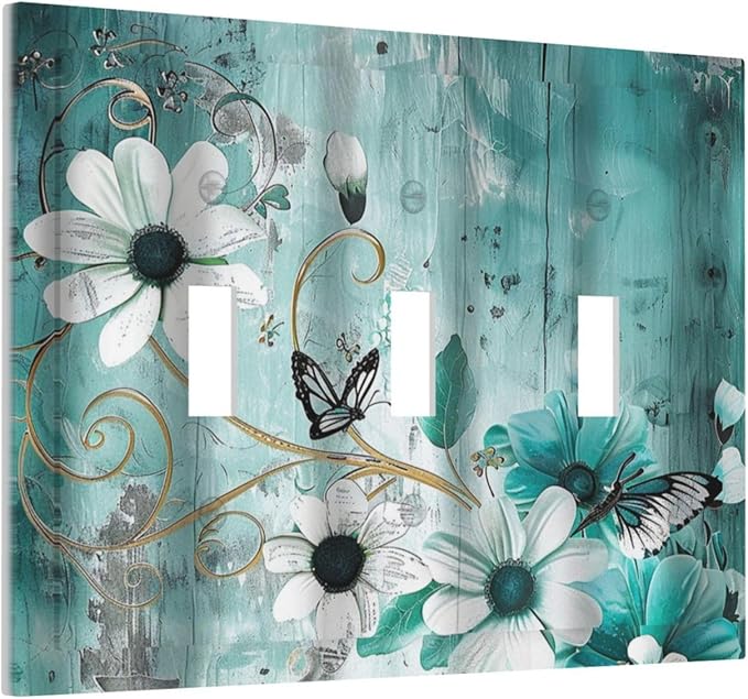 Decorative Switch Plate Covers Turquoise Flowers and Butterflies Rustic Teal White Floral 3 Gang Wall Plate Light Switch Cover Plate Triple Toggle Jumbo Electrical Faceplate for Bedroom Decor
