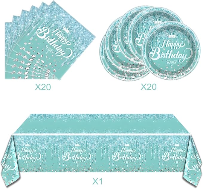Teal and Silver Tableware set, Blue Happy Birthday Theme 20 Plates and 20 Napkins and Tablecloths 71 '' x 42 '' for Girls Women Silver Glitter Birthday Party Supplies