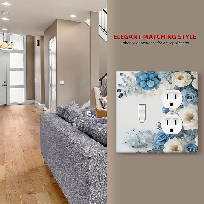 Decorative Outlet Covers Blue Rose White Flowers Rustic Floral 2 Gang Wall Plate Cover Single Toggle Duplex Combo Two Switch Light Switch Cover Plate Dual Electrical Face Plate