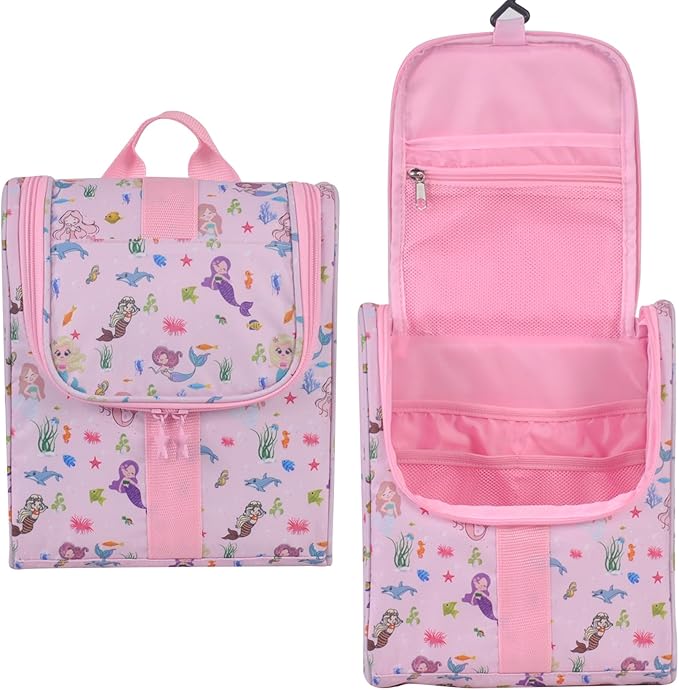 Remobia Hicol Cute Cartoon Hanging Kids Toiletry Bag Children Travel Cosmetic Makeup Organizer Wash Bag Shower bag Over Night Bag Camping Shaving Kit Bag for Boys & Girls (Mermaid Pink)
