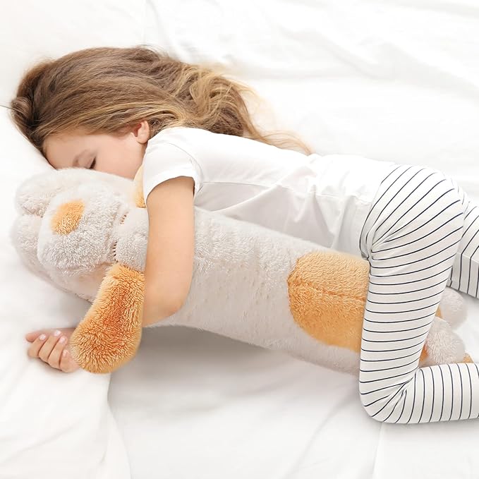 Queekay Dog Body Pillow Stuffed Animals Plush Long Body Pillow for Dogs Large Sleeping Hugging Puppy Cushion Gift for Birthday Party(23.6 Inch,Beige)