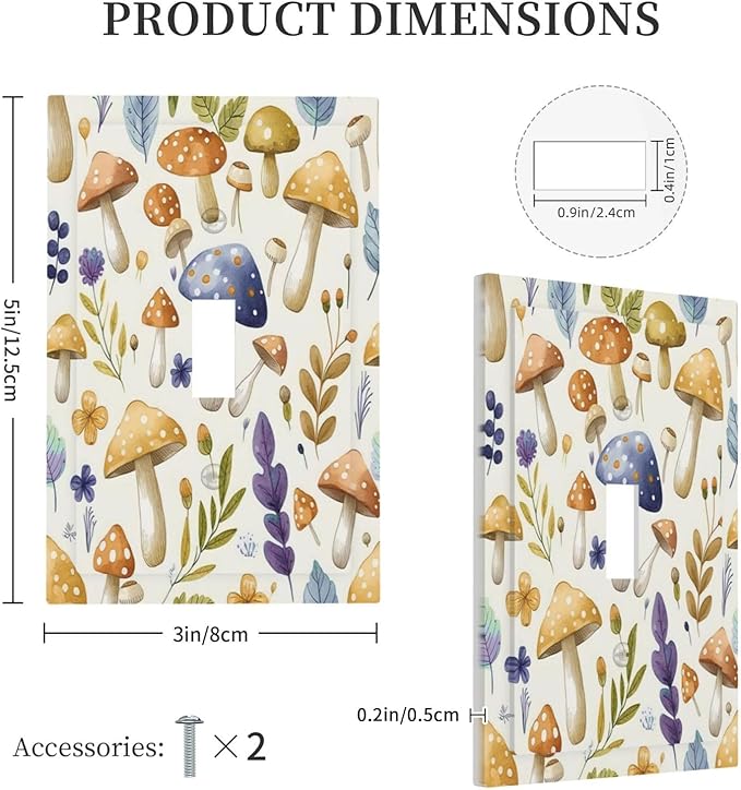 Boho Watercolor Mushroom Flowers Leaf Colorful Floral Decorative Light Switch Cover 1 Gang Single Toggle Device Electrical Faceplate Switchplates Decorator Outlet Wall Plate for Kids Room Nursery