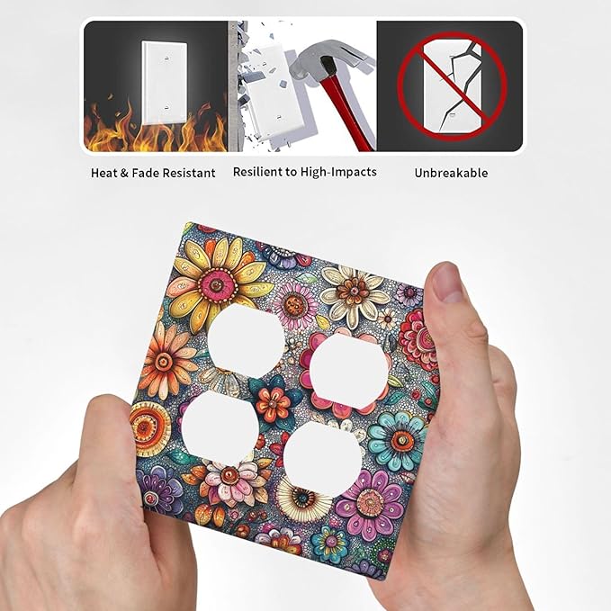 Outlet Covers Colorful Rainbow Pointillisme Flower 2 Gang Double Duplex Decorative Light Switch Covers Electrical Wallplates Socket Faceplate For Bed Room Home Decor