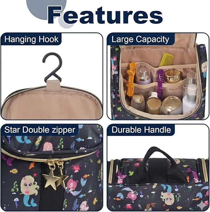 Remobia Hicol Cute Cartoon Hanging Kids Toiletry Bag Children Travel Cosmetic Makeup Organizer Wash Bag Shower bag Over Night Bag Camping Shaving Kit Bag for Boys & Girls (Mermaid Black)