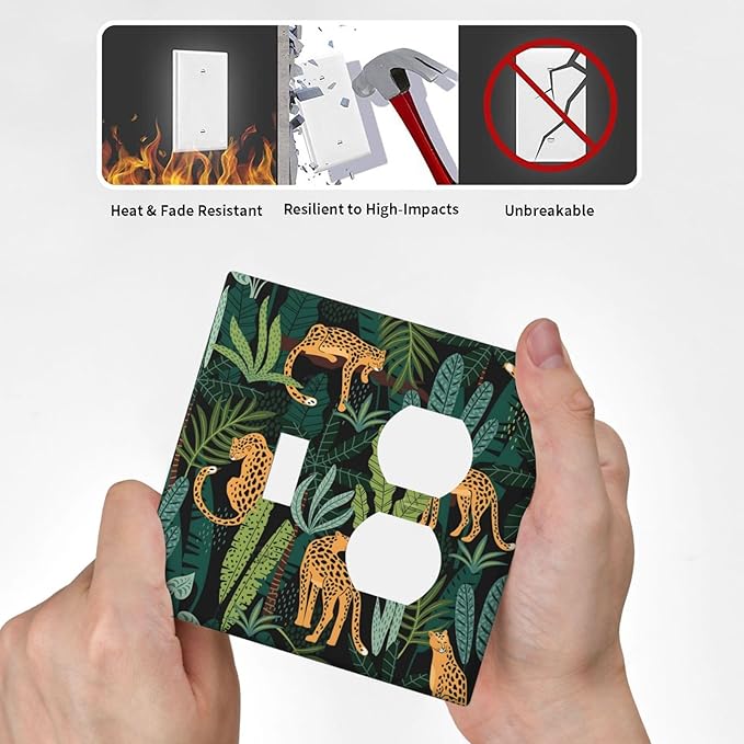 Jungle Cheetah Tropical Wildlife Leopard Green Palm Leaf Wallplates 1 Toggle 1 Duplex Switch Plate Electrical GFCI Faceplate Decorative Light Switch Covers for Farmhouse Home Decor