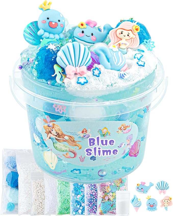 10 FL OZ Mermaid Clear Slime Kit, Blue Slime Bucket, Slimes Party Favors for Kids, Glimmer Crunchy Slimes Includes 9 Packs of Add-ins, Sensory Experience DIY Toys for Girls and Boys Ages 8-12