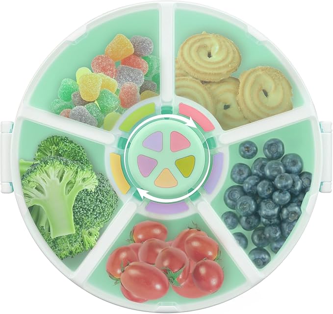 JOOPE Talk Kids Reusable Rotating Snack Container with 5 Separate Compartments, ColorMatching Opening Lid,BPA/PVC-Free, Dishwasher Safe, Perfect for Travel, School Lunches& On-The-Go Snacking-Green