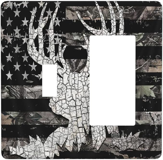 2-Gang 1-Toggle 1-Decora/GFCI Device Combination Wall Plate Rustic Hunting Forest Camo American USA Flag Deer Elk Moose Antlers Wildlife Animal Combo Toggle Decorator Outlet Light Switch Cover