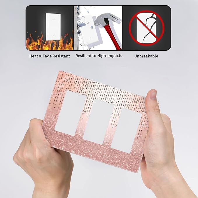 Pink Glittery Bling 3 Gang Triple Rocker/GFCI Light Switch Wall Plate Cover Decorative Electrical Faceplate for Kids Living Room Bedroom Decor Screwless 6.57" x 4.65