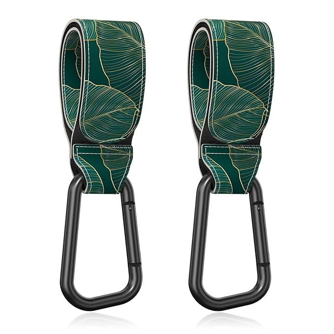 Baby Stroller Hooks for Hanging Bags, Universal Stroller Clips Accessories, Mommy Hook for Diaper Bag, Shopping Cart, Purse, Backpack - 2 Pack, Green Leaf