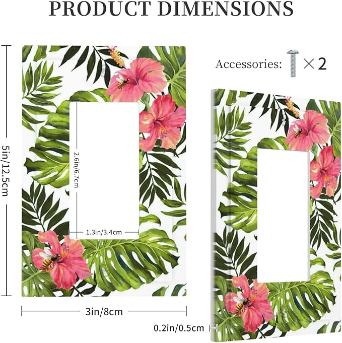 Tropical Plant Green Palm 1 Gang Light Switch Cover Single Rocker/Gfci Device Decorative Wall Plate Standard Size Receptacle Banana Leaves Pink Flower Rainfores Jungle Botanical Outlet Cover Plates