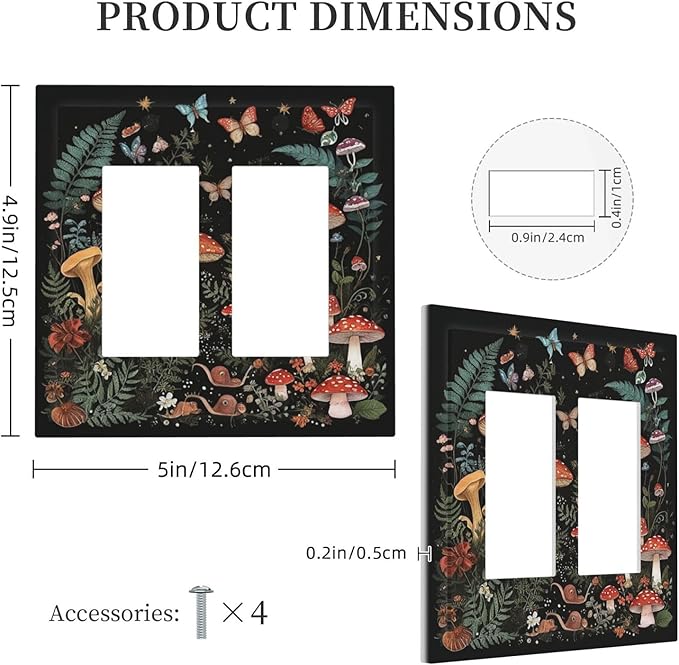 Cartoon Floral Mushroom forest Butterfly Flowers Decorative Outlet Covers 2 Gang Double Gfci Rocker Electrical Wall Panels Light Switch Cover Plate for Bedroom Kids Room Decor