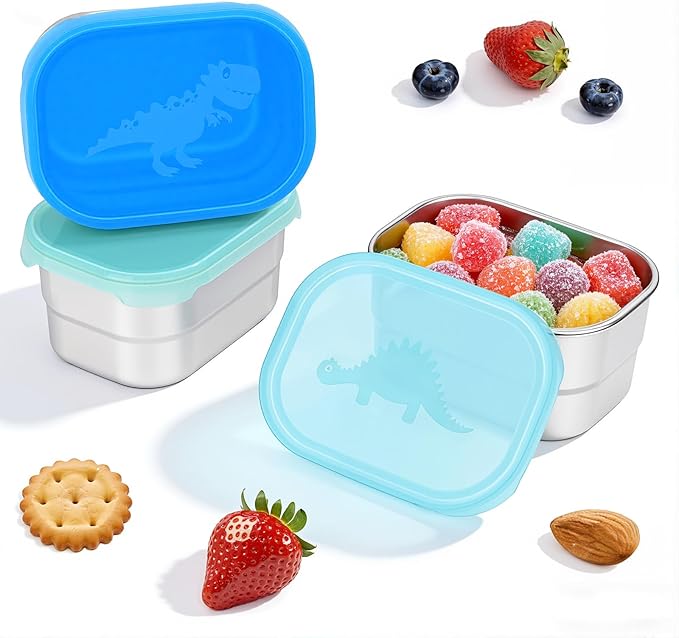 Tanjiae 3×8oz Small Stainless Steel Snack Containers for Kids & Toddlers - 230mL Leakproof Food Containers with Cute Dino Lids | LFGB Certified, Stackable Metal Snack Box for Daycare, School, Travel