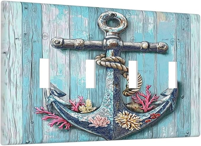 Light Switch Covers Anchor Coastal Beach Nautical Coral Quad Toggle Electrical Faceplate 4 Gang Wall Plate Decorative Switch Plates For Farmhouse Cabin Decor