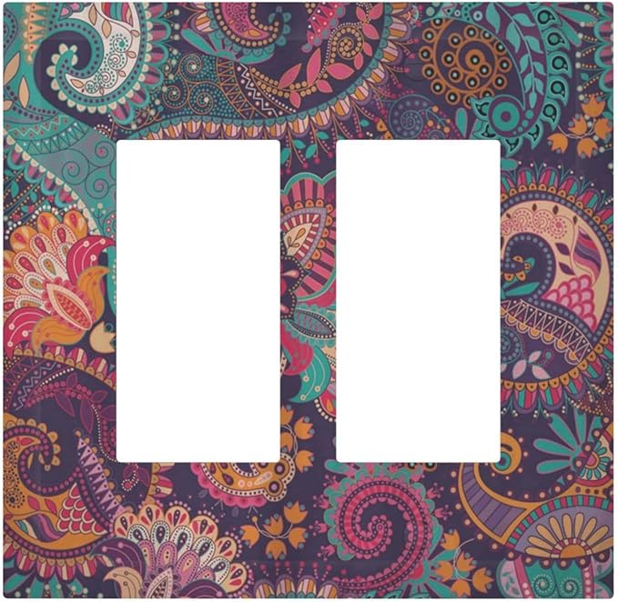 Mandala Boho Paisley Purple Floral Colorful Flower Decorative Outlet Covers 2 Gang Double GFCI Rocker Electrical Wall Panels Light Switch Cover Plate for Home Bedroom Decor