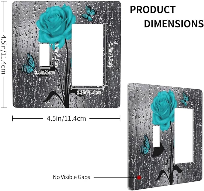 Romantic Aqua Teal Blue Rose Flower Floral Butterfly Decorative Single Toggle/Rocker Combo Light Switch Cover 2-Gang Electrical Wall Plate Double Combination Switch Decorator GFCI Receptacle Cover