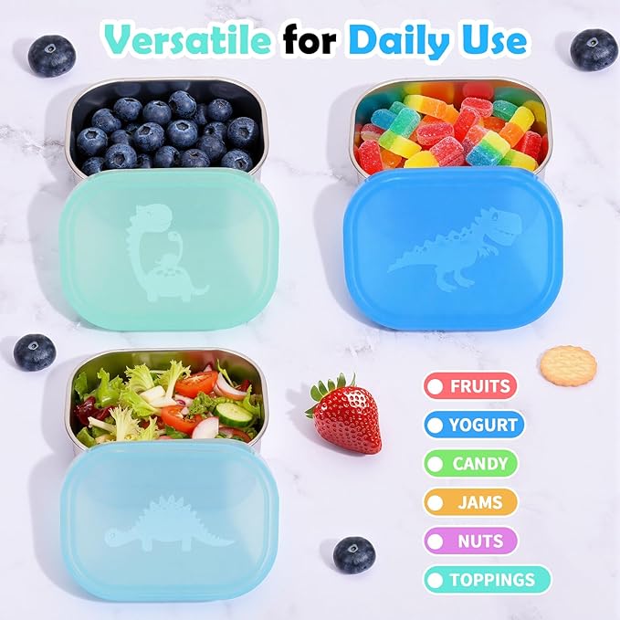 Tanjiae 3×8oz Small Stainless Steel Snack Containers for Kids & Toddlers - 230mL Leakproof Food Containers with Cute Dino Lids | LFGB Certified, Stackable Metal Snack Box for Daycare, School, Travel
