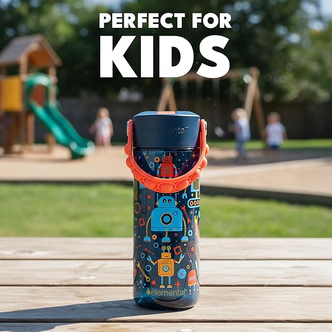 Elemental Water Bottles for Kids - Splash Kids Water Bottle for School with Pop-it Handle - BPA Free Tritan Plastic Water Bottle with Straw Leak Proof when Spout is Closed - Blue Robot - 18oz