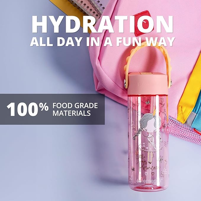 Elemental Water Bottles for Kids - Splash Kids Water Bottle for School with Pop-it Handle - BPA Free Tritan Plastic Water Bottle with Straw Leak Proof when Spout is Closed - Little Princess - 18oz