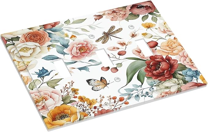 Rustic Style Colorful Peony Butterfly Dragonfly Decorative Switch Plates 3 Gang Wall Plate Faceplate Electrical Wall Panels Triple Toggle Light Switch Cover for Bedroom Living Room Decor