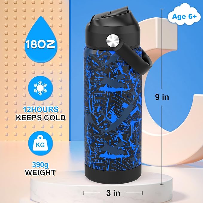 Boys Water Bottle with Straw,18 oz Kids Insulated Cups with Stainless Steel Leak Proof for School,Sport&Travel（Geometry-Blue）