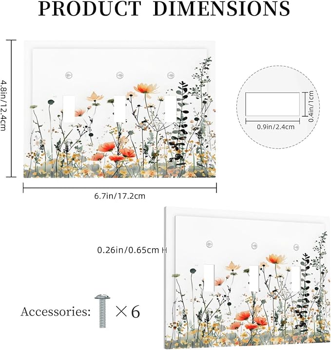 Vintage Country Style Watercolor Leaves Wildflowers Floral Decorative Switch Plates 3 Gang Wall Plate Triple Toggle Light Switch Cover Faceplate Electrical Wall Panels for Bedroom Living Room Decor