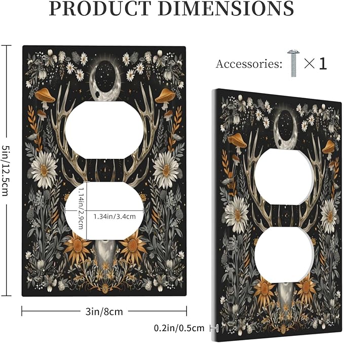 Decorative Outlet Covers Vintage Deer Flowers Moon Natural Plants Floral 1 Gang Duplex Light Switch Cover Plate Electrical Switch plates Wall Plates Receptacle Covers for Bathroom Bedroom